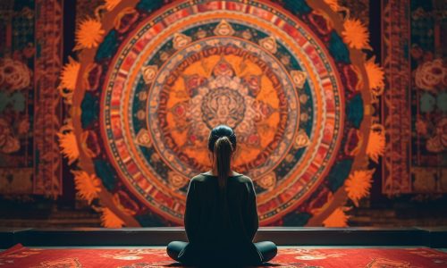 An AI generated illustration of a person meditating in front of a large, intricately designed mandala tapestry, embodying mindfulness